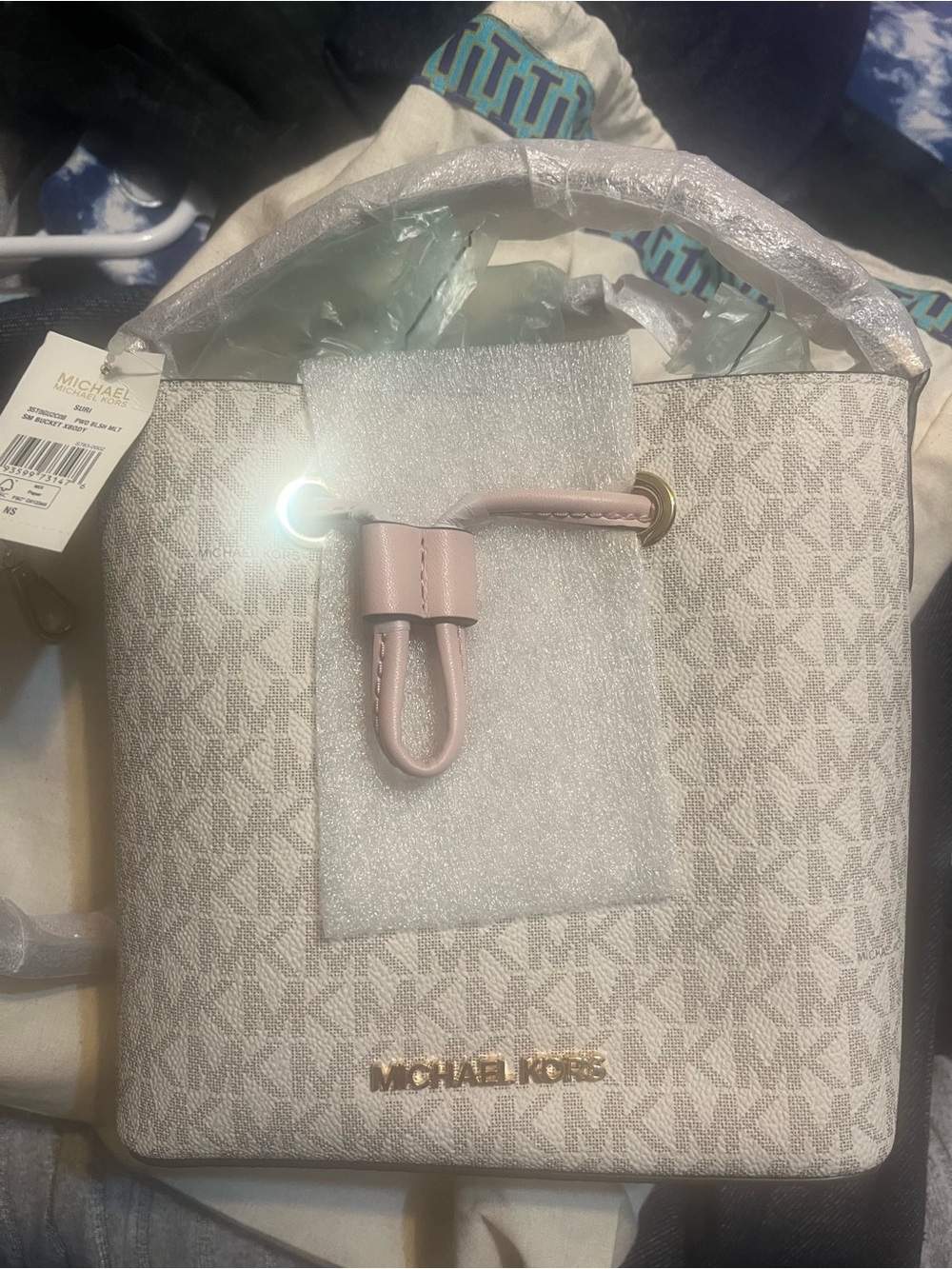Michael Kors Cream Beige Bucket Bag with Pink Trim